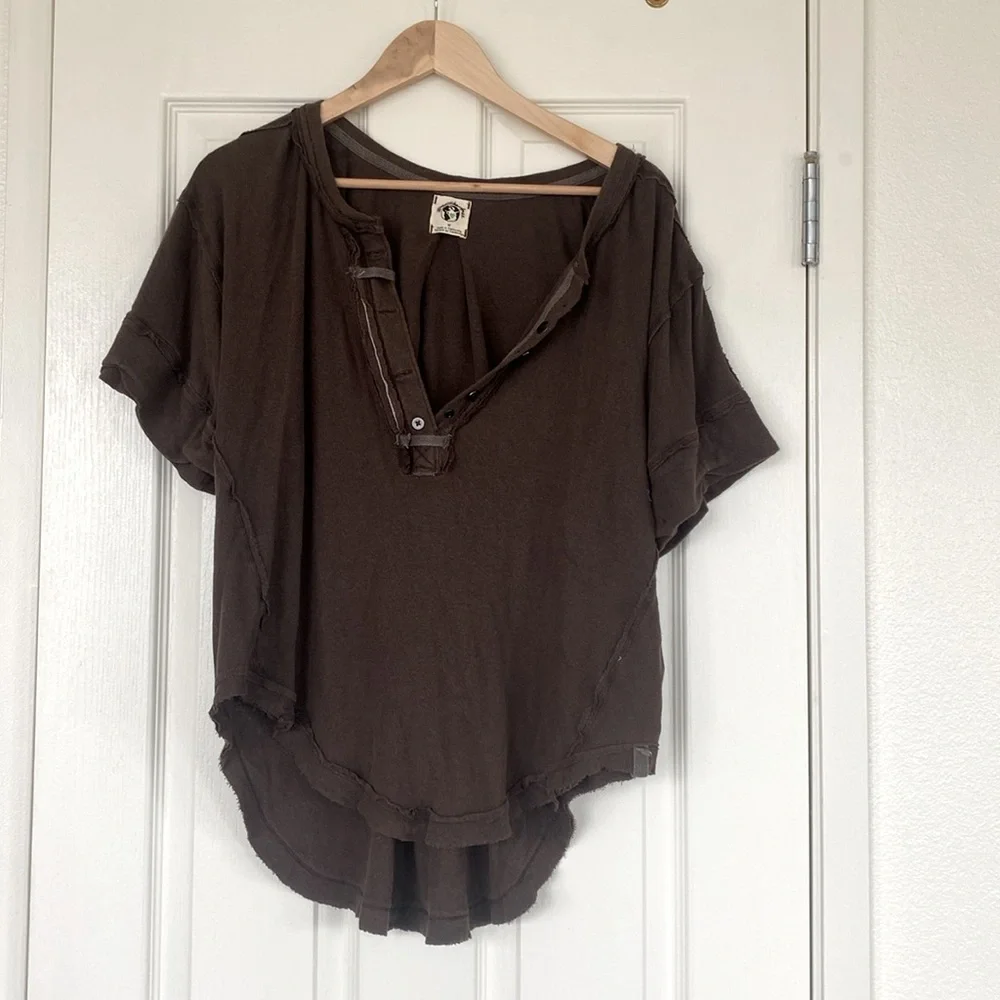 NWOT We The Free Black Coffee cotton/linen Henley tee - Picture 5 of 7